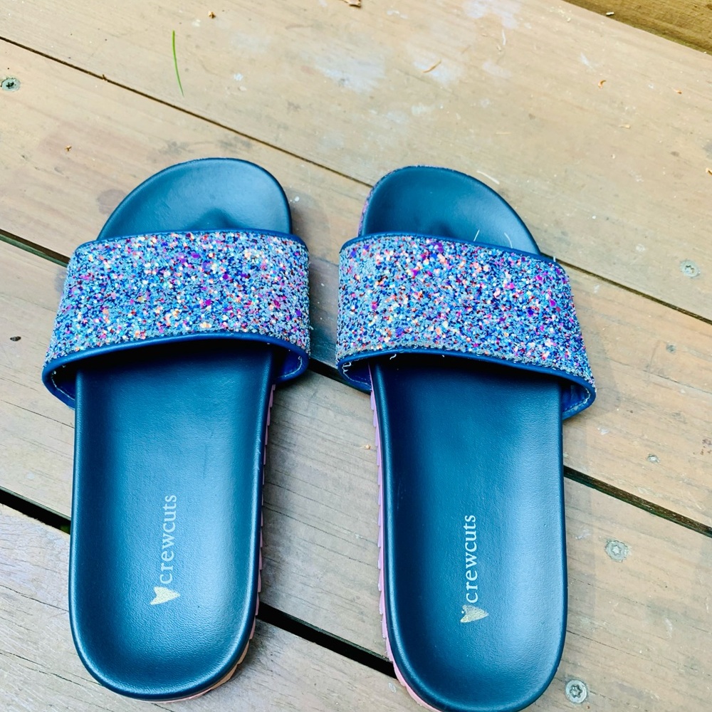 Crewcuts slides sandals flip flops navy blue pink sparkle glitter swim summer
